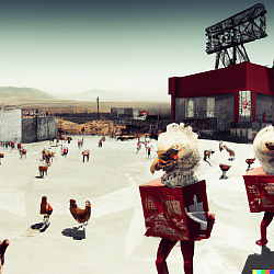 DALL.E (KFC 3000  dystopian industrial wasteland with mutated human-chicken hybrids)