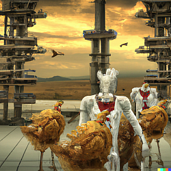 DALL.E (KFC 3000  dystopian industrial wasteland with mutated human/chicken hybrids)