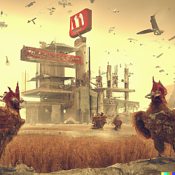 DALL.E #3DALL.E (KFC 3000  dystopian industrial wasteland with mutated human/chicken hybrids)